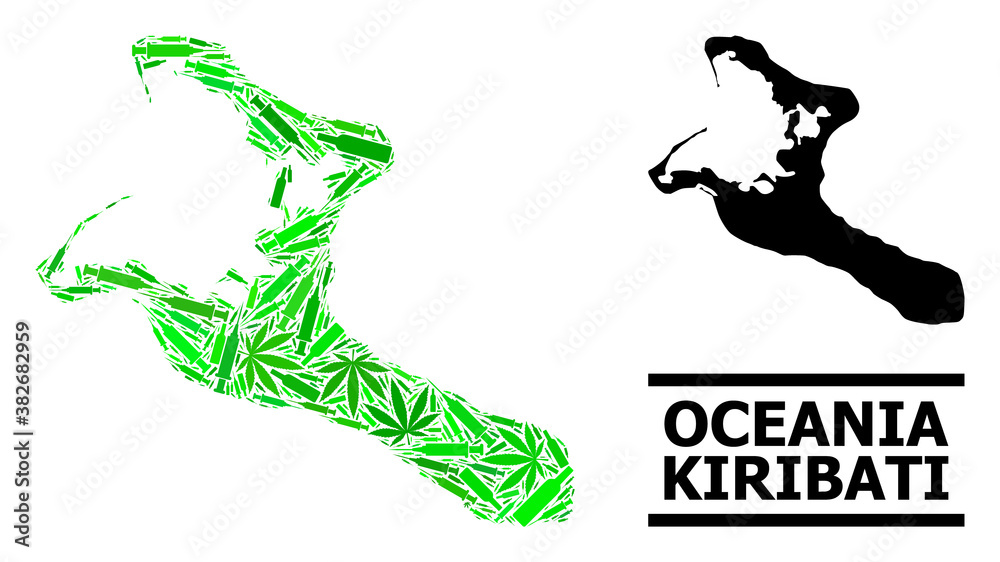 Drugs mosaic and usual map of Kiribati Island. Vector map of Kiribati Island is composed from random injection needles, ganja and drink bottles. Drugs mosaic and usual map of Kiribati Island. Vector map of Kiribati Island is composed from random injection needles, ganja and drink bottles.