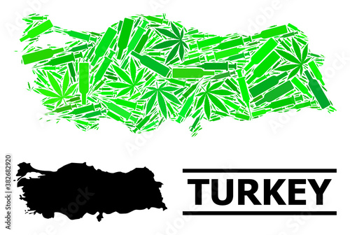 Drugs mosaic and solid map of Turkey. Vector map of Turkey is constructed with randomized injection needles, ganja and drink bottles. Abstract geographic scheme in green colors for map of Turkey.