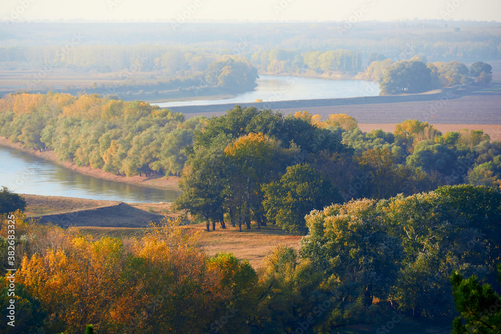 Naklejka premium bright colorful autumn forest landscape, trees near river and blue sky, view from high hill