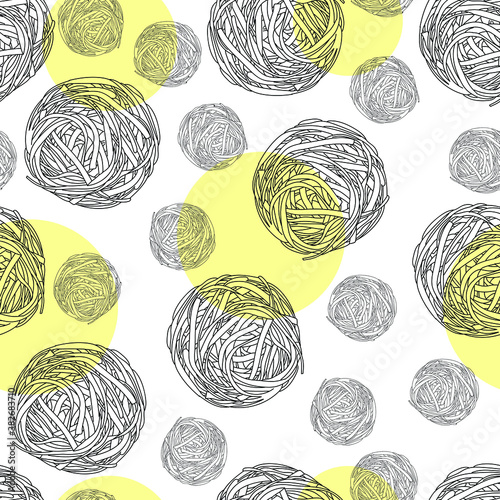 Lots of fettuccine pasta on a white background with yellow circles. Seamless pattern in retro style. Thin contour drawing.