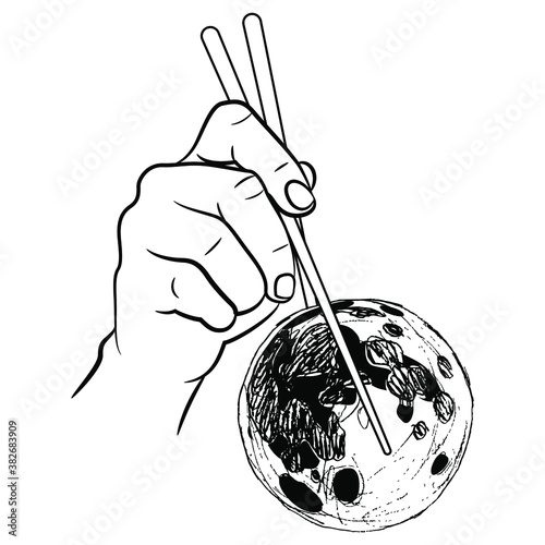 Human hand holding full moon chopsticks. Creative environmental concept. Black and white silhouette.