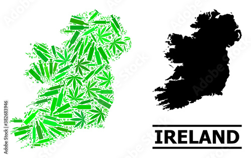 Drugs mosaic and solid map of Ireland Island. Vector map of Ireland Island is formed of random vaccine doses, narcotic and alcoholic bottles.