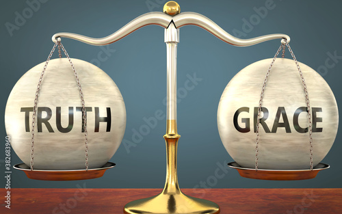 truth and grace staying in balance - pictured as a metal scale with weights and labels truth and grace to symbolize balance and symmetry of those concepts, 3d illustration