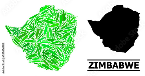 Addiction mosaic and solid map of Zimbabwe. Vector map of Zimbabwe is created from random injection needles, weed and alcoholic bottles. Abstract territory scheme in green colors for map of Zimbabwe.
