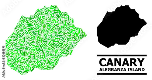 Addiction mosaic and solid map of Alegranza Island. Vector map of Alegranza Island is shaped from random inoculation icons, addict and wine bottles.