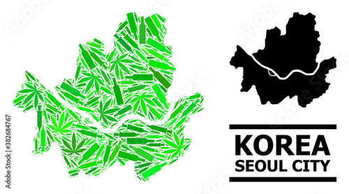 Addiction mosaic and usual map of Seoul Municipality. Vector map of Seoul Municipality is formed with random vaccine doses, cannabis and alcoholic bottles.