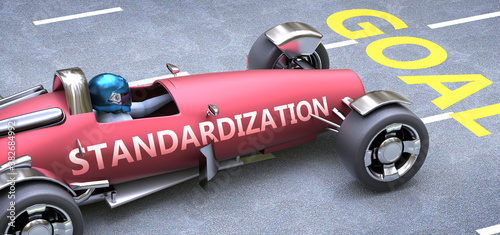 Standardization helps reaching goals, pictured as a race car with a phrase Standardization on a track as a metaphor of Standardization playing vital role in achieving success, 3d illustration photo