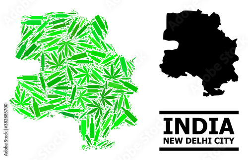 Drugs mosaic and usual map of New Delhi City. Vector map of New Delhi City is shaped of randomized inoculation icons, herb and drink bottles.