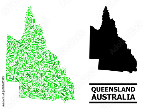Drugs mosaic and usual map of Australian Queensland. Vector map of Australian Queensland is constructed with random injection needles, cannabis and drink bottles.