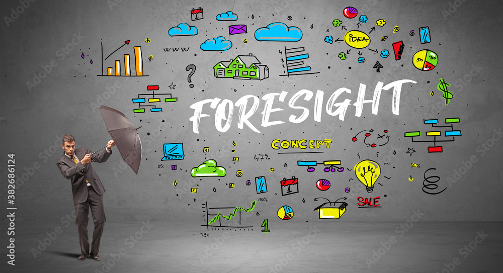 Determined businessman hiding behind umbrella with FORESIGHT inscription, new business concept Determined businessman hiding behind umbrella with FORESIGHT inscription, new business concept