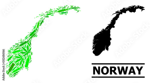 Addiction mosaic and solid map of Norway. Vector map of Norway is done from randomized syringes, marijuana and alcoholic bottles. Abstract geographic scheme in green colors for map of Norway.