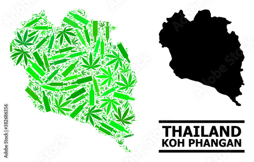 Drugs mosaic and usual map of Koh Phangan. Vector map of Koh Phangan is created with scattered vaccine doses, addict and wine bottles.