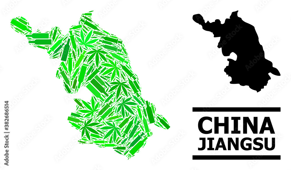 Addiction mosaic and solid Map of Jiangsu Province. Vector Map of Jiangsu Province is created with scattered vaccine symbols, weed and drink bottles.
