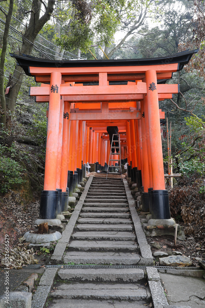 Red gate with Japanese words at Fushimi Inari Taisha, Kyoto, Japan. Red gate with Japanese words at Fushimi Inari Taisha, Kyoto, Japan.