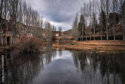 A calm river reflects the row of trees on its banks, Trillo, Guadalajara, Spain