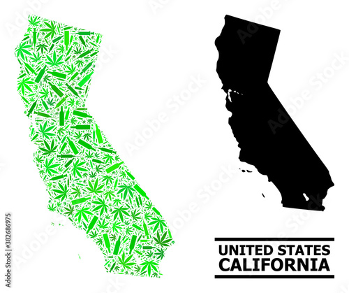 Drugs mosaic and solid map of California. Vector map of California is formed of scattered vaccine symbols, dope and wine bottles. Abstract territory scheme in green colors for map of California.