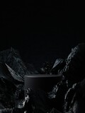 Dark cylinder pedestal for product showcase. Stand product podium mockup. Black color. Rocks and stones on background and foreground. 3d render illustration