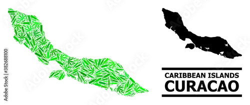 Addiction mosaic and usual map of Curacao Island. Vector map of Curacao Island is shaped from randomized syringes, dope and wine bottles.