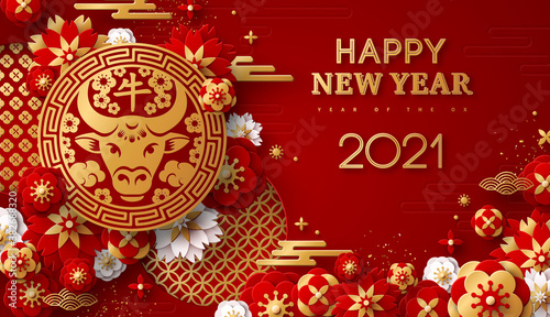 2021 Chinese New Year Greeting Card  Gold Emblem with Bull and Paper cut Sakura Flowers on Red Background. Vector illustration. Hieroglyph - Zodiac Sign Ox. Place for Text