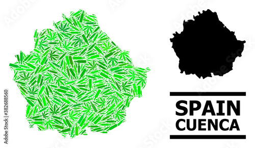 Drugs mosaic and usual map of Cuenca Province. Vector map of Cuenca Province is designed of randomized injection needles, narcotic and alcohol bottles.