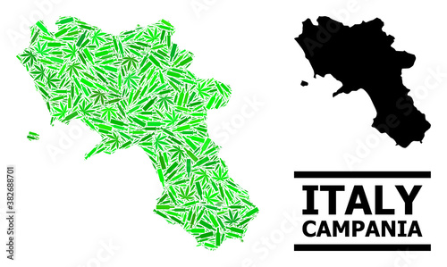 Drugs mosaic and solid map of Campania region. Vector map of Campania region is created of randomized vaccine doses, hemp and alcoholic bottles.