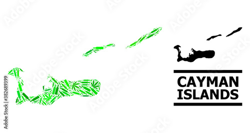 Drugs mosaic and solid map of Cayman Islands. Vector map of Cayman Islands is made with randomized vaccine symbols, ganja and alcoholic bottles.