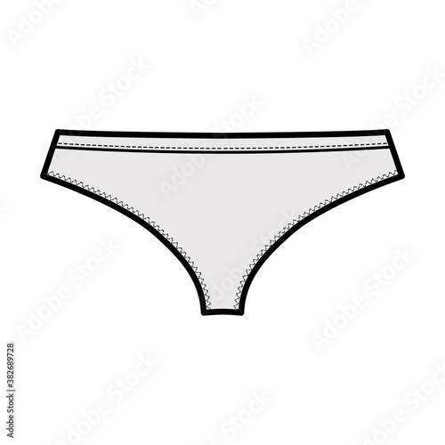 Cheeky thongs technical fashion illustration with low rise, elastic waistband, small hips coverage. Flat Mini-short briefs lingerie template front, grey color. Women men unisex underwear CAD mockup