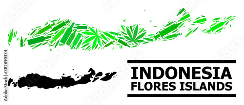Drugs mosaic and solid map of Indonesia - Flores Islands. Vector map of Indonesia - Flores Islands is designed with randomized vaccine symbols, cannabis and alcoholic bottles.