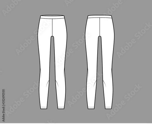 Leggins technical fashion illustration with elastic waistband. Flat sport training pants, casual knit trousers apparel template front, back, white color. Women men unisex yoga fitness gym CAD mockup