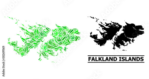 Drugs mosaic and usual map of Falkland Islands. Vector map of Falkland Islands is composed with scattered vaccine doses, hemp and alcoholic bottles.