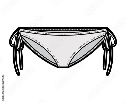 String bikinis fashion illustration with side ties, elastic waistband, low rise. Flat Mini-knickers panties briefs lingerie template front, grey color. Women men unisex underwear CAD mockup
