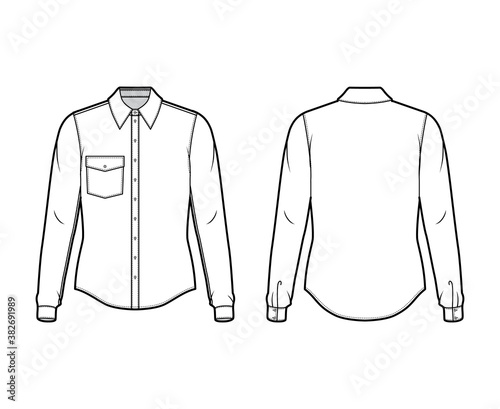 Classic shirt technical fashion illustration with long sleeve with cuff, front button-fastening, point collar, angled flap pocket. Flat template front back white color. Women men unisex top CAD mockup