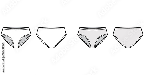 High-cut briefs technical fashion illustration with mid hips coverage and waist rise. Flat short panties bikini lingerie template front, back, white, grey color. Women men unisex underwear CAD mockup