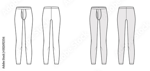 Long Johns underwear technical fashion illustration with elastic waistband, vertical fly. Flat knit pants apparel lingerie template front, back, white grey color. Women men unisex leggins CAD mockup