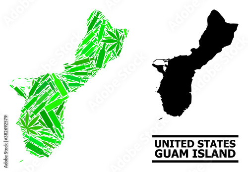 Drugs mosaic and usual map of Guam Island. Vector map of Guam Island is constructed from scattered vaccine symbols, hemp and wine bottles.