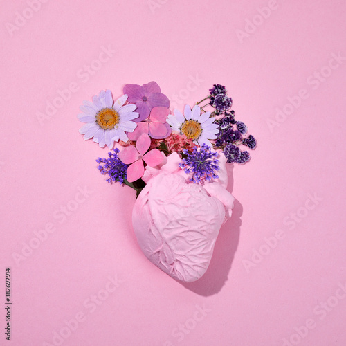 Floral romantic anatomical heart. Minimal concept. Top view
