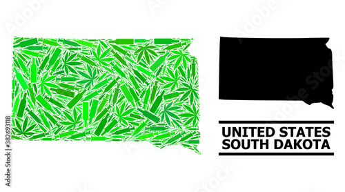 Drugs mosaic and usual map of South Dakota State. Vector map of South Dakota State is created with scattered vaccine doses, hemp and alcohol bottles.