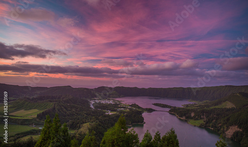 Beautiful colorful Sunset sky at Ciete Cidades mountain lake at Azores