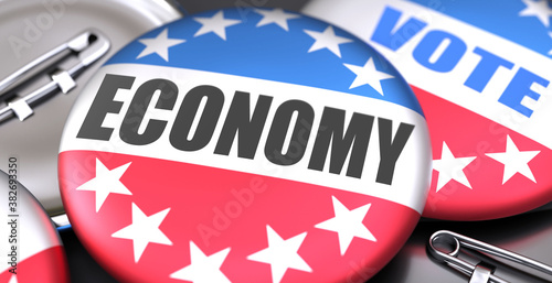 Economy and elections in the USA, pictured as pin-back buttons with American flag colors, words Economy and vote, to symbolize that t can be a part of election or can influence voting, 3d illustration photo
