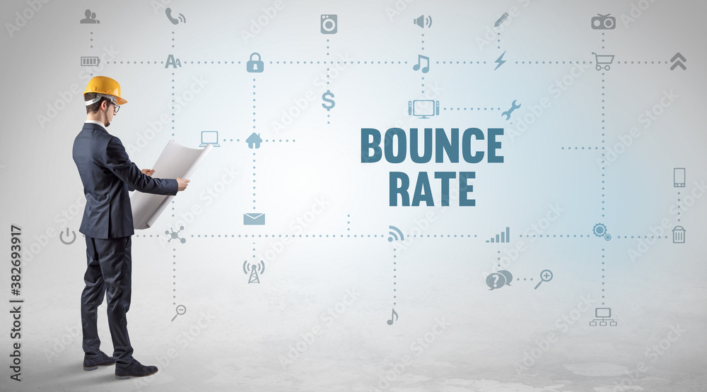 Engineer working on a new social media platform with BOUNCE RATE inscription concept Engineer working on a new social media platform with BOUNCE RATE inscription concept