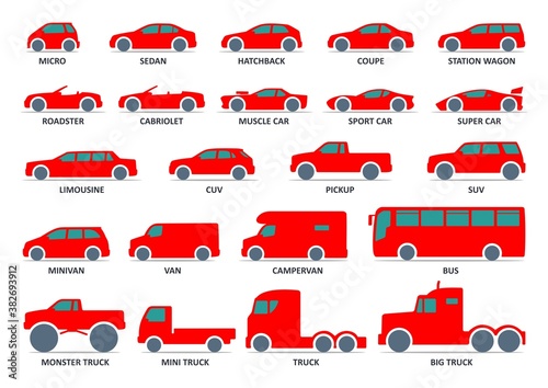 Car type icons set. Model automobile. Vector black illustration