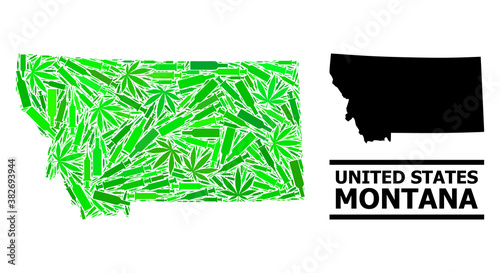 Drugs mosaic and solid map of Montana State. Vector map of Montana State is composed with randomized inoculation icons, hemp and alcoholic bottles.