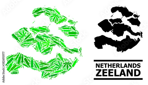 Addiction mosaic and usual map of Zeeland Province. Vector map of Zeeland Province is constructed with scattered vaccine symbols, addict and alcoholic bottles.