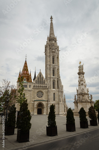 Gothic-style St. Matthias church in the castle district on a cloudy day, Budapest, Hungary
