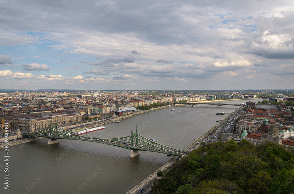 Budapest city landscape from Gellert Hill and Liberty Bridge over the Danube river, Budapest, Hungary