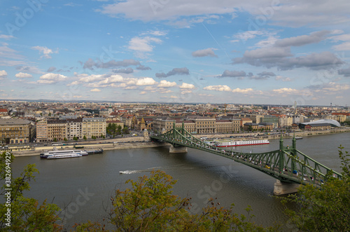 Budapest city landscape from Gellert Hill and Liberty Bridge over the Danube river, Budapest, Hungary