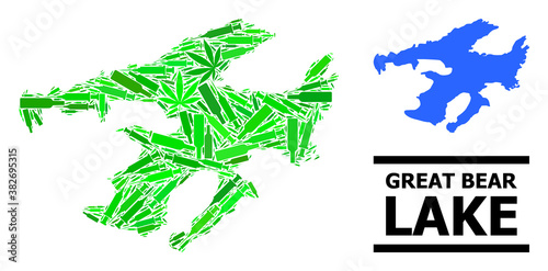 Drugs mosaic and solid map of Great Bear Lake. Vector map of Great Bear Lake is done from scattered syringes, herb and alcohol bottles.