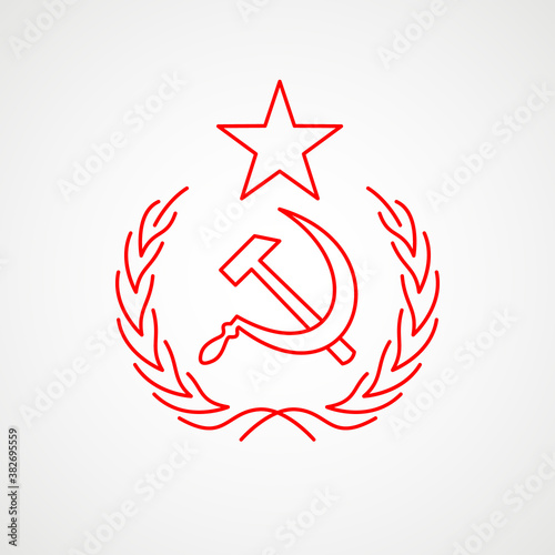 Linear icon of communism. Hammer, sickle and wreath with a star. Red Soviet emblem. Minimalist coat of arms of the USSR. Vector