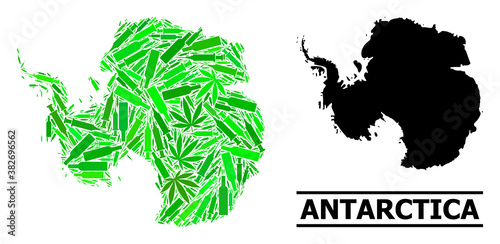 Addiction mosaic and solid map of Antarctica. Vector map of Antarctica is shaped with scattered vaccine doses, cannabis leaves and alcoholic bottles.