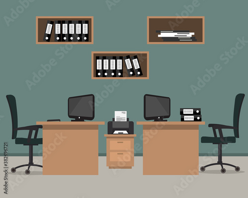 Office room. Workplace of office workers on a green background. There are two desks, two green chairs, shelves for documents and other objects in the picture. Vector flat illustration